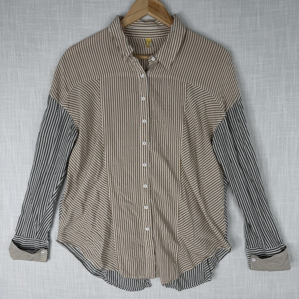 Free People Ivory Striped 100% Cotton Button Down Long Sleeve Blouse Sz S Petite